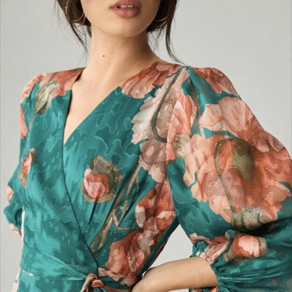 Anthropologie Hutch Lindie V-Neck Maxi Wrap Dress Puff Bishop Sleeves Small - Picture 4 of 11